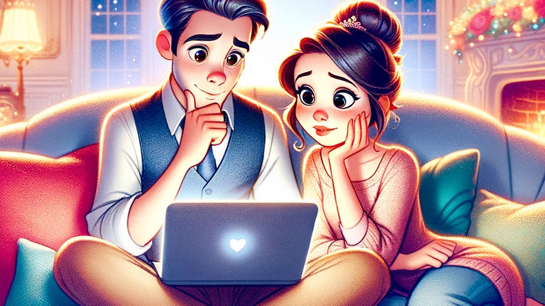 Image façon cartoon d'une femme et d'un homme regardant un ordinateur